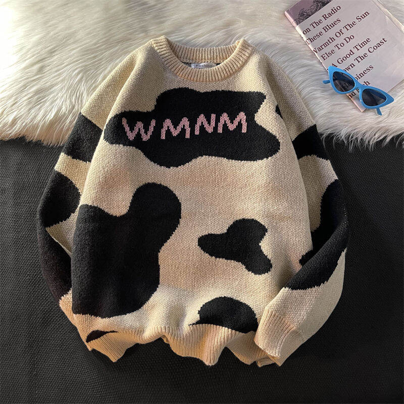 Cow Sweater Boys Winter Korean Style Trendy round Neck Sweater Loose Retro Japanese Style Lazy Style Couple Sweater