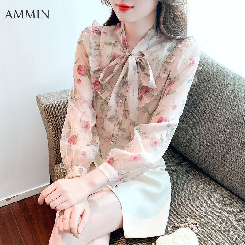 AMMIN Korean-style Women's Long sleeve fashion Gentle wind elegant floral chiffon top 2022 Fall wear new puffed sleeve Ruffle bow Temperament printed chiffon Tops casual Blouse