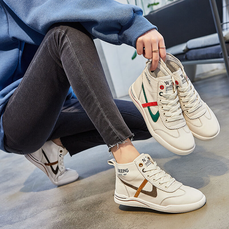 Hong Kong Fashion Brand Genuine Leather White Shoes for Women 2022 Spring and Autumn New Korean Style Versatile Breathable High-Top Casual Sports Shoes