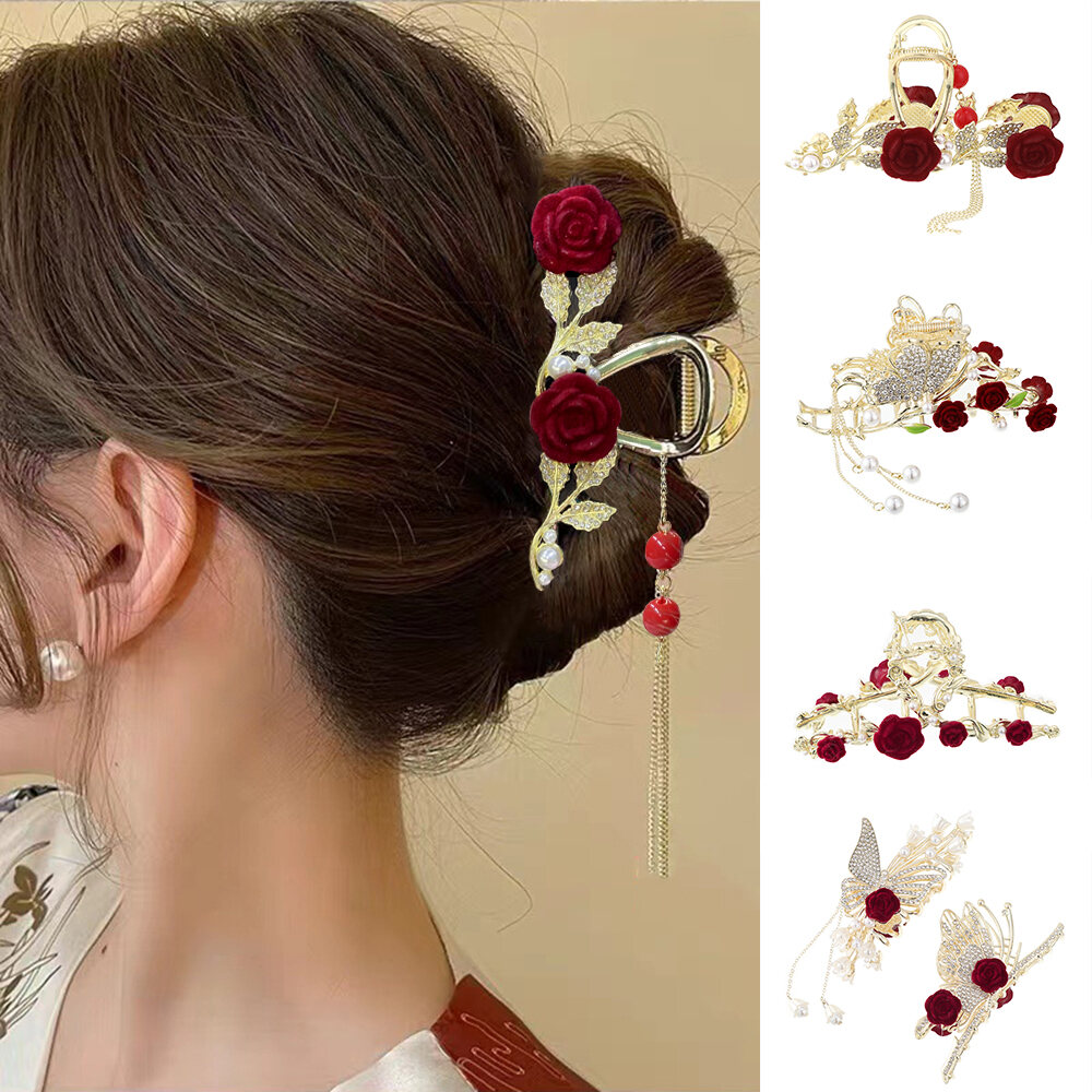 1pc New Rhinestone Pearl Fringe Butterfly Hair Clip Elegant Temperament Large Metal Clip Headpiece Fashion Hairpin for Women