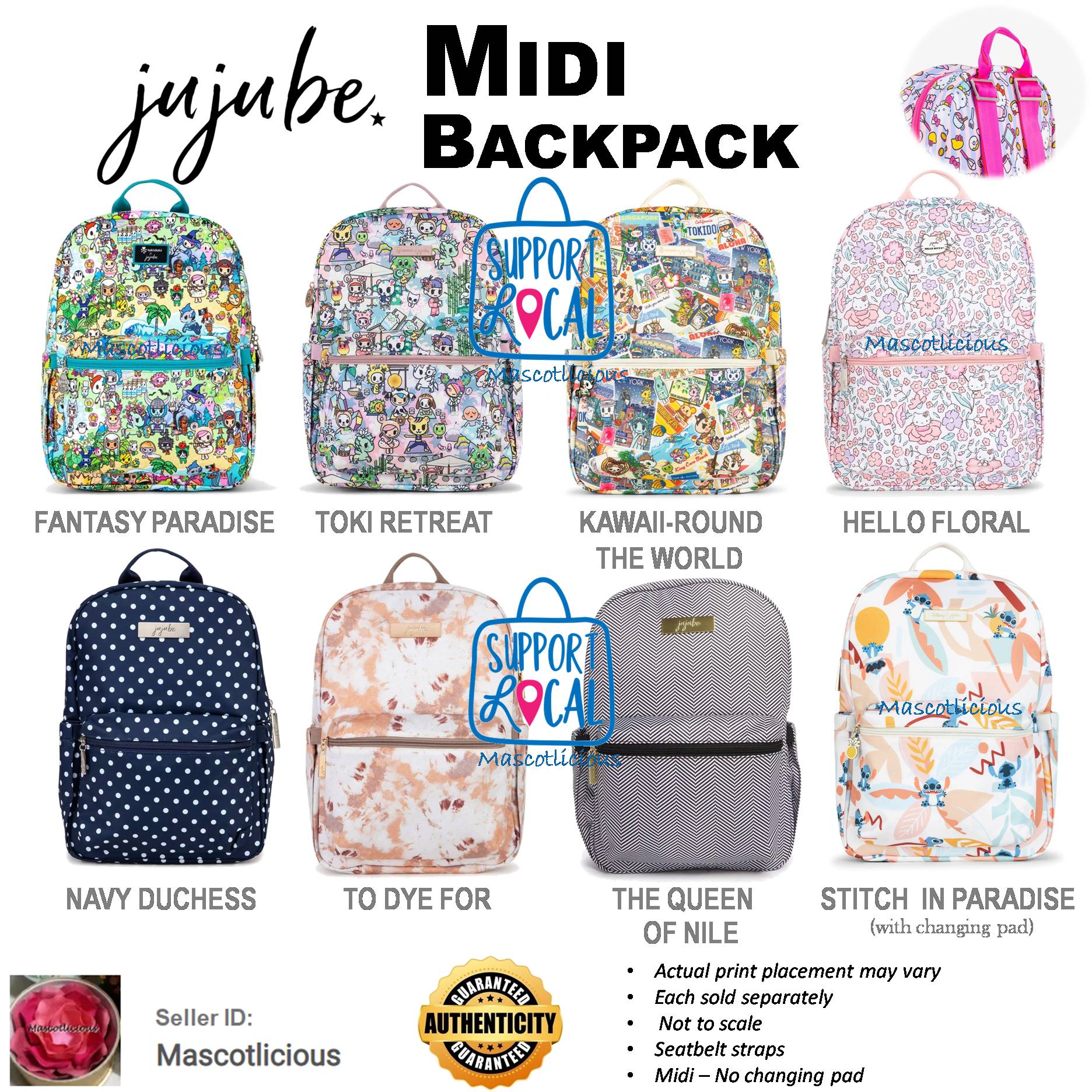 Jujube ∣ Ju-Ju-Be Midi Backpack  ~ Options: Fantasy Paradise . Toki Retreat . Kawaii-Round The World . Hello Floral . Navy Duchess . To Dye for . The Queen of Nile . Stitch in Paradise (MIDI PLUS)