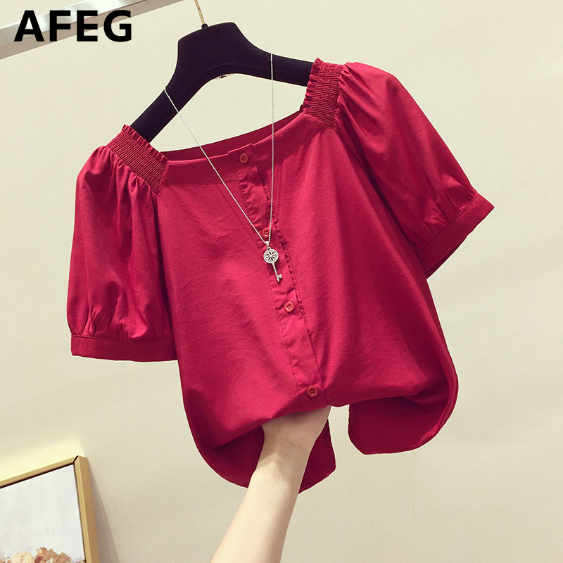 AFEG new Korean version square neck fashion loose all-match temperament puff sleeve blouse for women