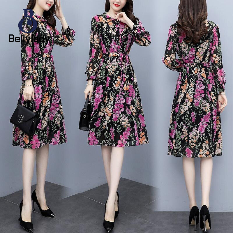 BellyLady Women Floral Dress Comfortable Breathable Lightweight Lace-up Round Neck Long-sleeved Midi Skirt