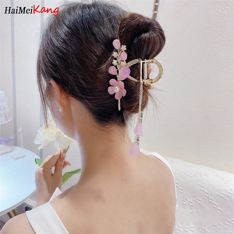 1pc Korean Elegant Crystal Flower Hair Clip Fashion Woman Alloy Pearl Tassel Hairpin Hair Accessories