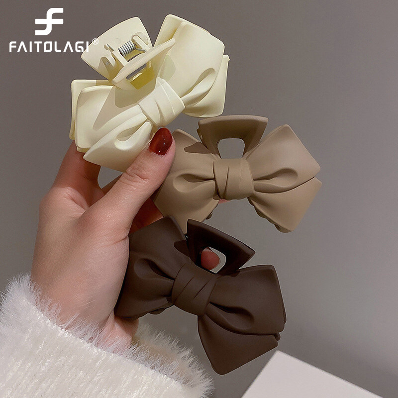 Vintage Retro Solid Color Bow Hair Claw for Women Autumn Winter Simple Coffee Color Hair Clips Korean Style Elegant Female Hair Accessories