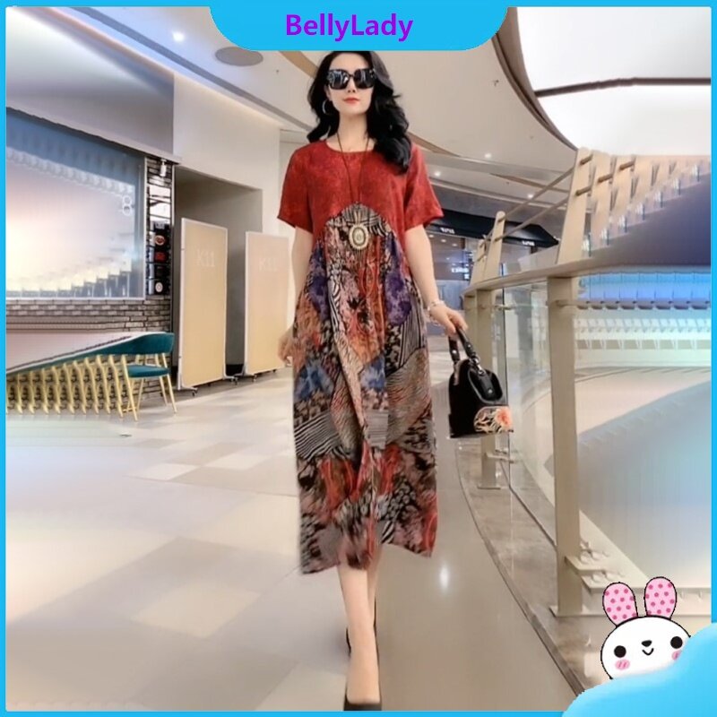 Women Retro Ethnic Style Printing Dress Large Size Loose Round Neck A-line Skirt Fashion Short Sleeve Dress