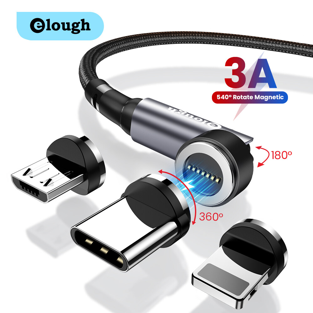 Elough 540 Degree Rotate 3A Fast Magnetic Charging Cable Micro USB Type C Lightning Charger Cable in Red Gray