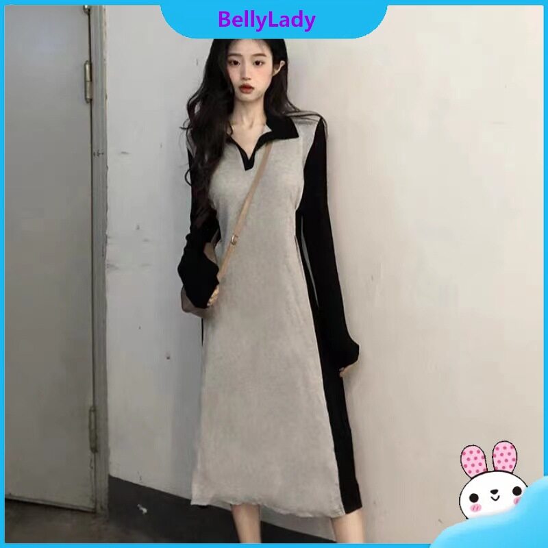 Women V Neck Dress Trendy Contrast Color Long Sleeves A-line Skirt Casual Elegant High Waist Slimming Dress