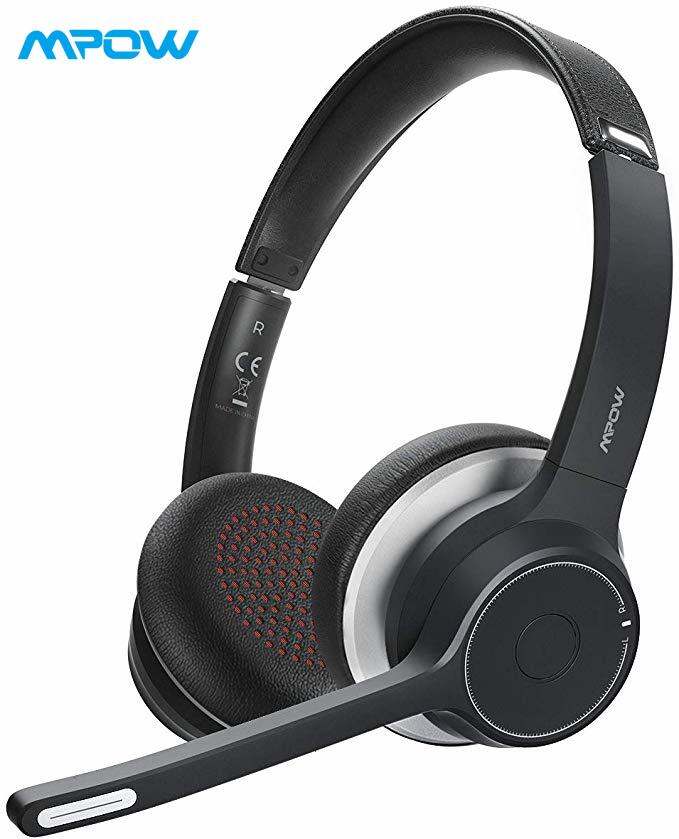 Mpow HC5 Bluetooth Headset V5.0, Wireless Headphones with Dual Microphone, CVC8.0 Noise Canceling, 22+Hrs Talk Time, Soft Ear Pad, Wireless Business Office Headset for Calling, Music (Wired Optional)