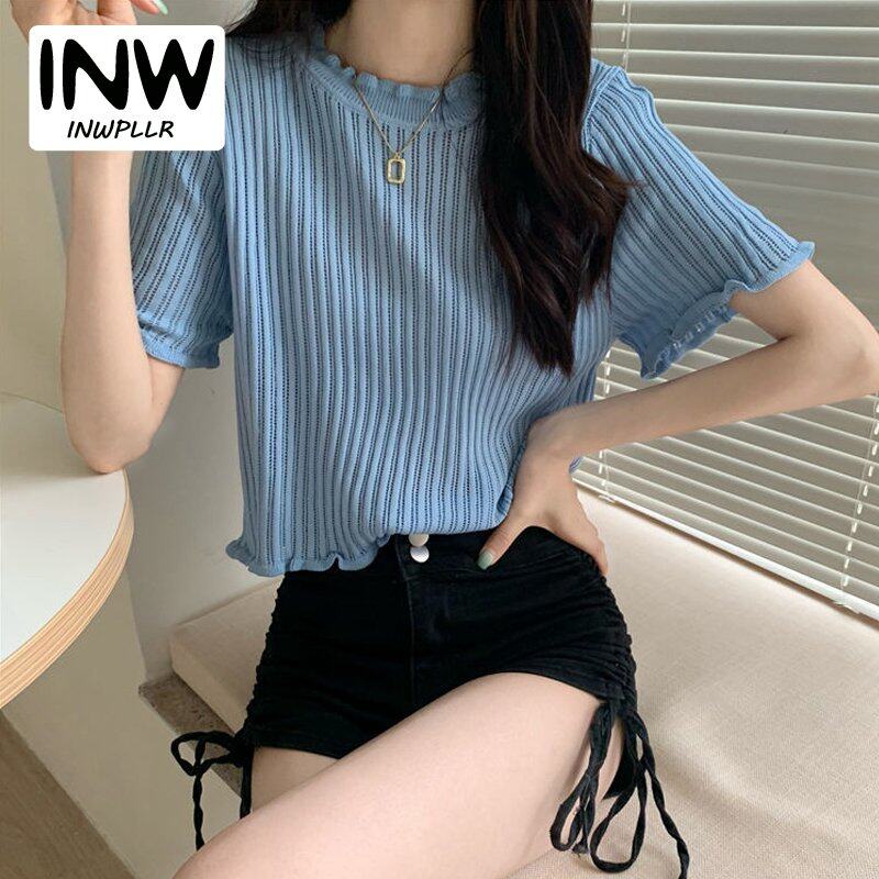 INWPLLR Women Korean Agaric Edge Collar Tops Newest Knitting T-shirts Summer Thin Short Sleeve Female Tshirts