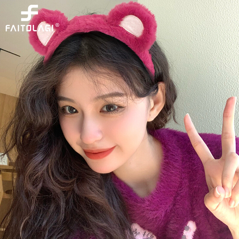 Cute Strawberry Bear Color Hairband for Women Rose Red Pink Bear Ears Hair Hoop Sweet Korean Style Wash Face Makeup Hair Band Female Hair Accessories