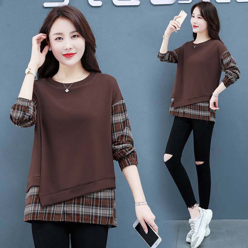 2022 New Fake Two-piece Plaid Bottoming Shirt Women Plus Size Casual Long Sleeve Shirt