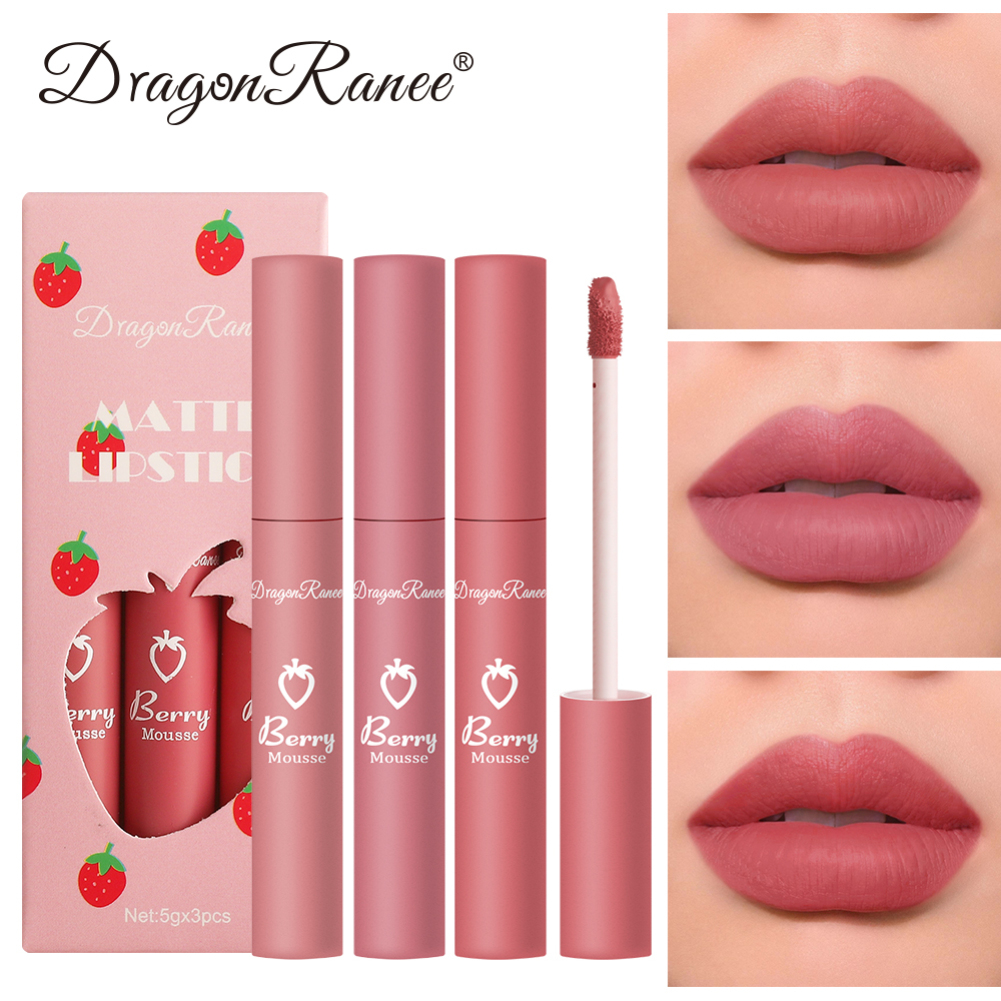 C&M DRAGON RANEE 3pcs Strawberry Lipstick Set Matte Velvet Lip Glaze Set Waterproof Long Lasting Non-fading Non-stick Cup Liquid Lipstick