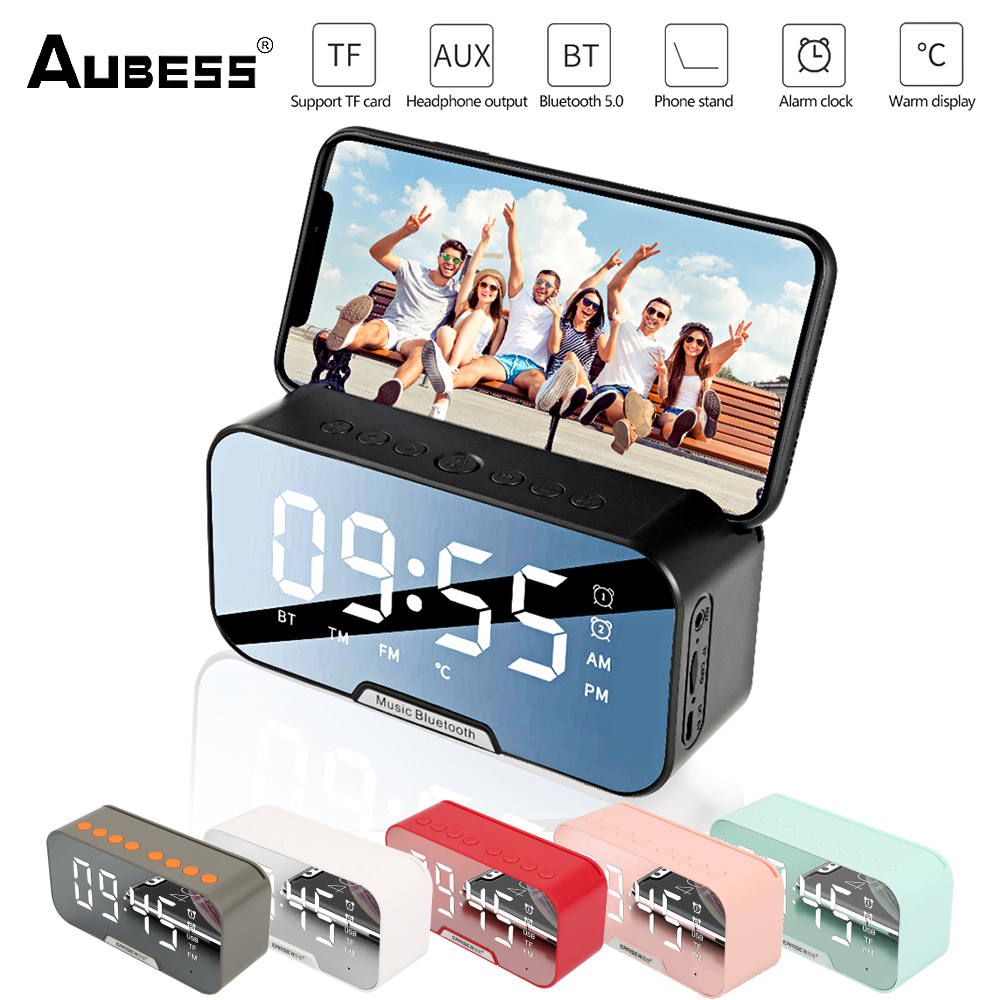 Aubess Wireless Bluetooth Speaker LED Alarm ClockPortable Mini Speaker Super Bass Stereo Speakers Hands-free Calling Mirror Screen Support FM TF AUX
