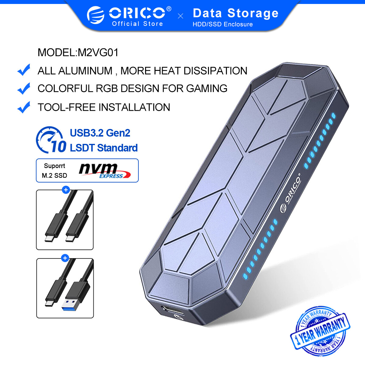 ORICO RGB M2 SSD Case NVME Enclosure M.2 to USB Type C 3.1 Gen2 10Gbps SSD Box Cool Game Style M.2 SSD Case(M2VG01)