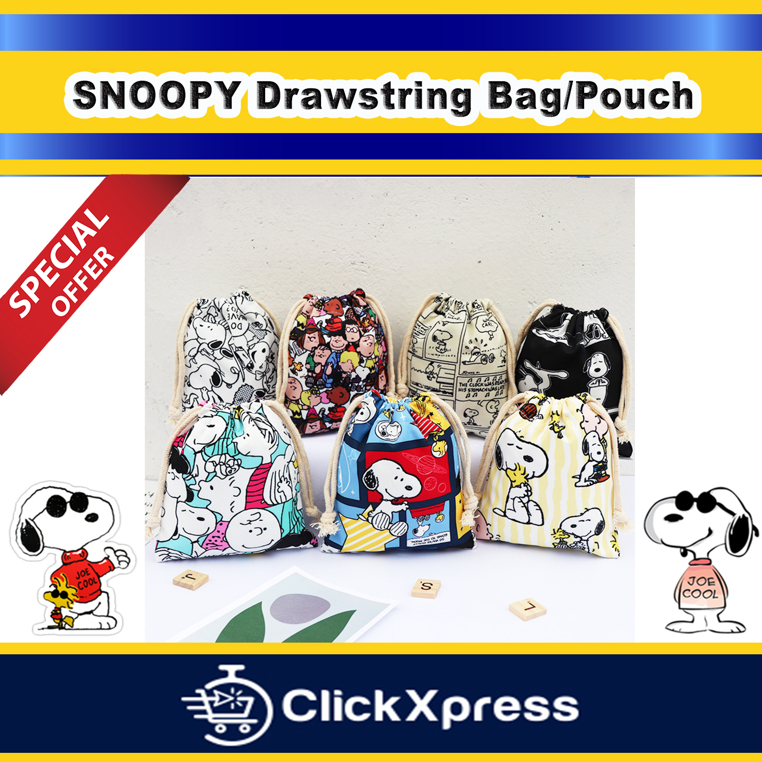 ClickXpress Singapore ?? | Drawstring Bag / Pouch-Harajuku Snoopy Style/Classic Snoopy/Charlie+Friends+Snoopy