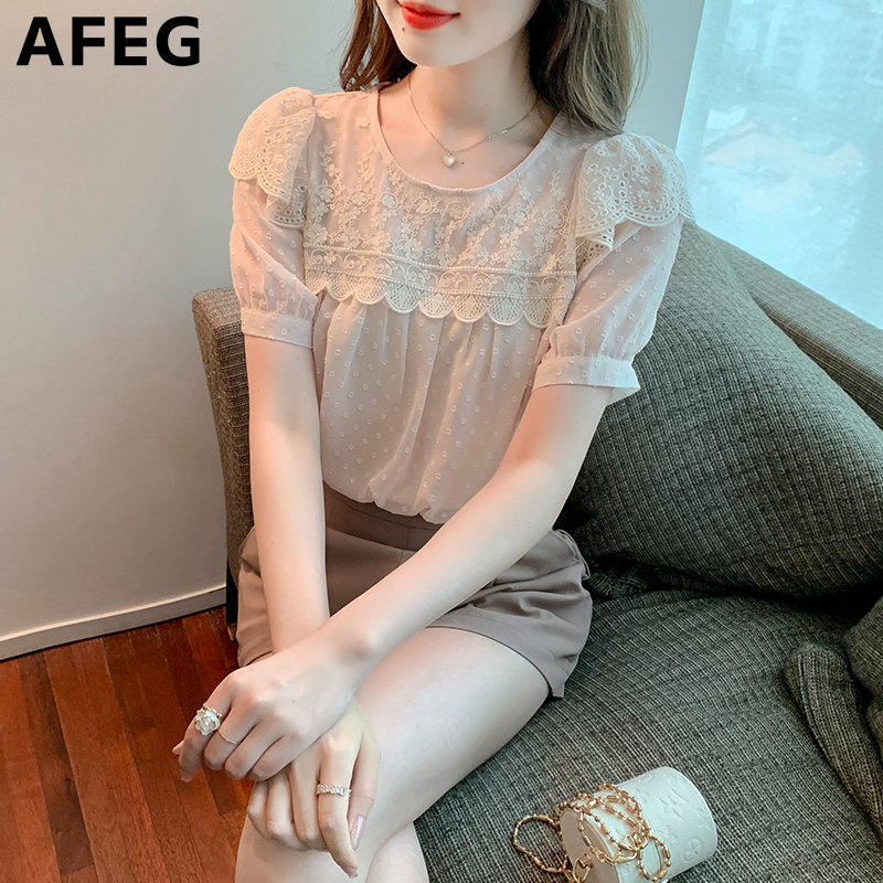 AFEG new Korean version round neck fashion loose all-match chiffon stitching lace short-sleeved blouse for women