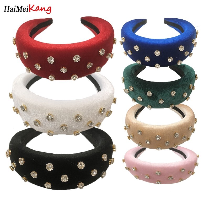 Korean Velvet Padded Crystal Headband Sponge Diamond Hair Band Woman Fashion Wide-brim Hair Hoop