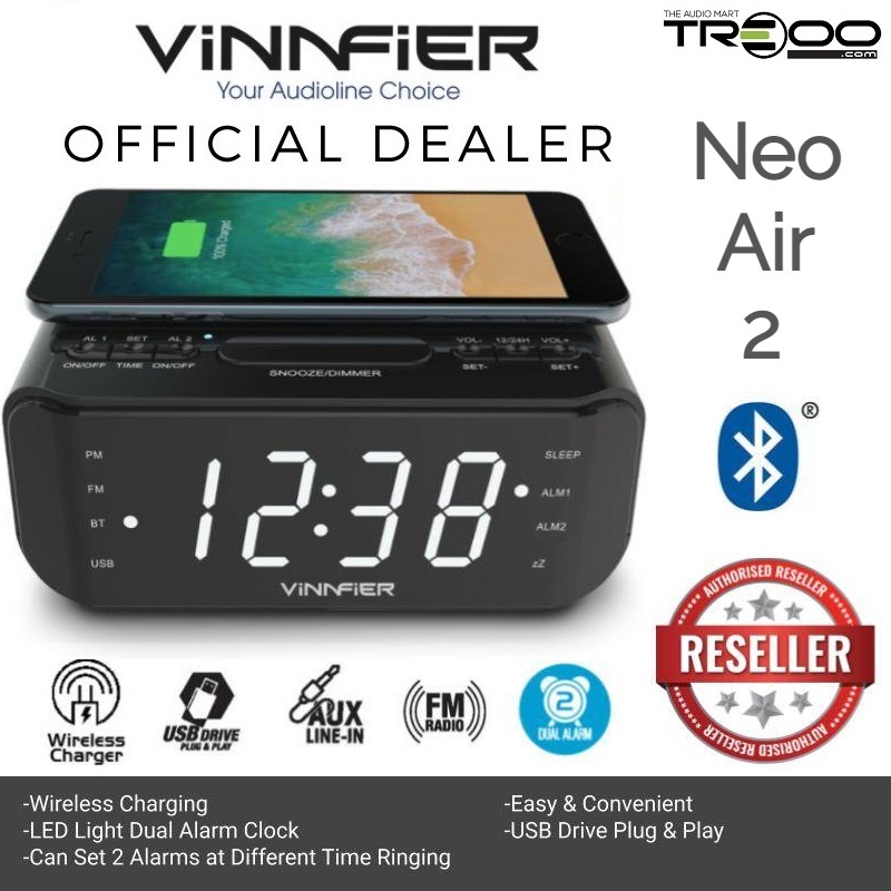 Vinnfier Neo Air 2 Wireless Bluetooth Desktop Bedside Speaker, Wireless Mobile Phone Charger, Alarm Clock with FM Radio