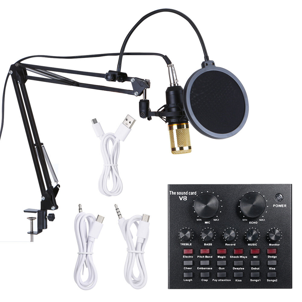 dodocool Multifunctional Live Sound Card & BM800 Suspension Microphone Kit Broadcasting Recording Condenser Microphone Set Intelligent Volume Adjustable Audio Mixer Sound Card for Computer PC Live Sou