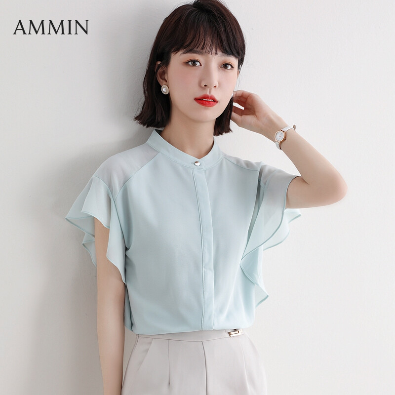 AMMIN Korean Short Sleeve Chiffon Shirt For Women 2021 Summer Ruffled Temperament Round Neck Top Lady Fashion Loose Large Size Casual blouse