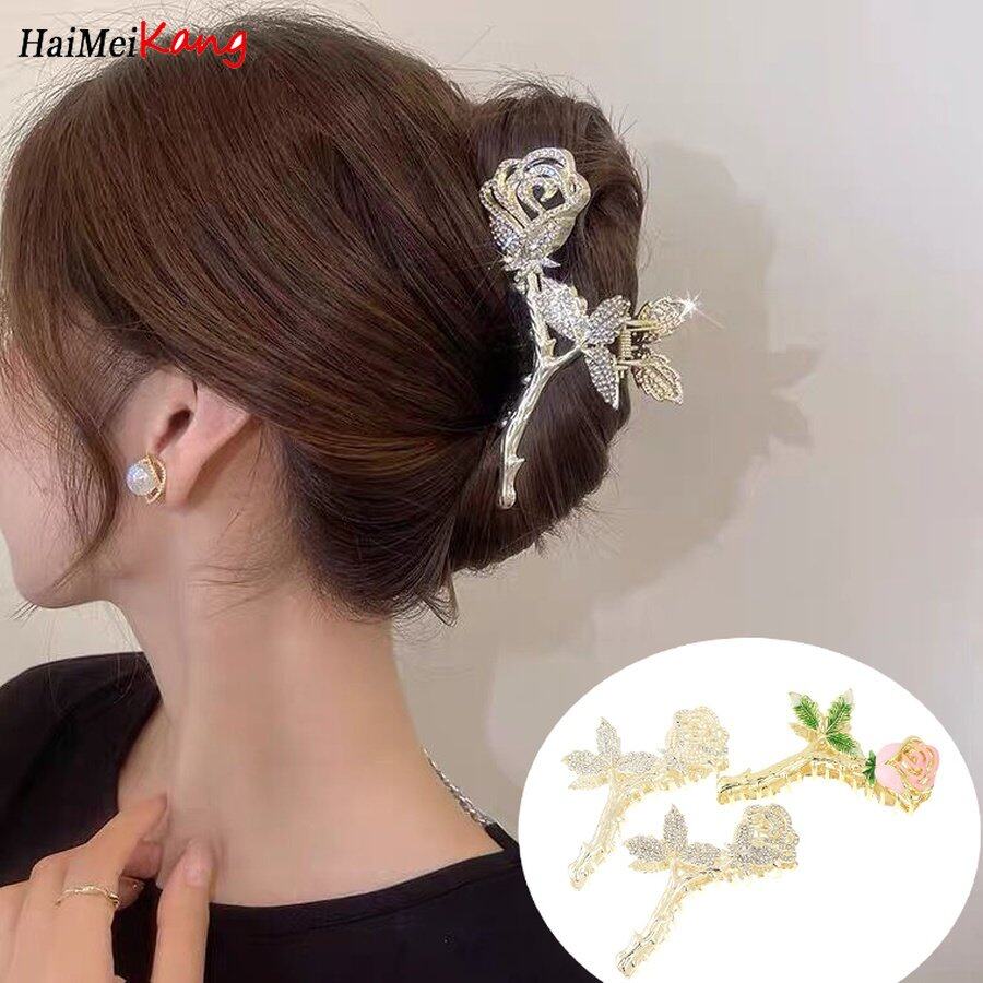 1pc Korean Alloy Hair Clip Rhinestone Pearl Hairpin Claw Fashion Rose Shark Clip Women Hair Accessories