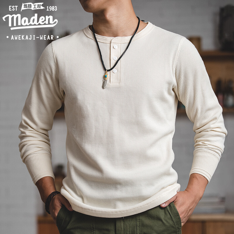 Maden brand tooling shirt men autumn new Japanese and Korean style casual heavy waffle holly shirt retro long-sleeved solid color shirt