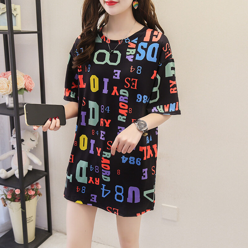 T-shirt Women Mid-length Short Sleeve Korean Plus Size Letters Print Student Summer Tshirt Loose Casual Street Style Harajuku Tops O-Neck Fashion Clothing