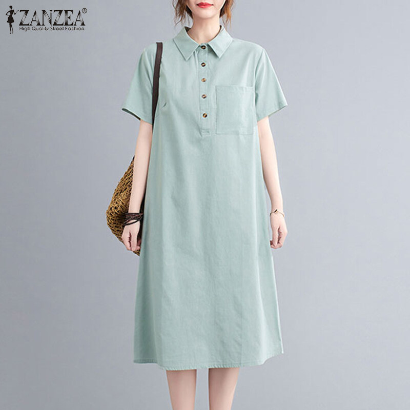 ZANZEA Women Casual Short Sleeve Shift Dress Summer Plain Commute Midi Shirt Dresses