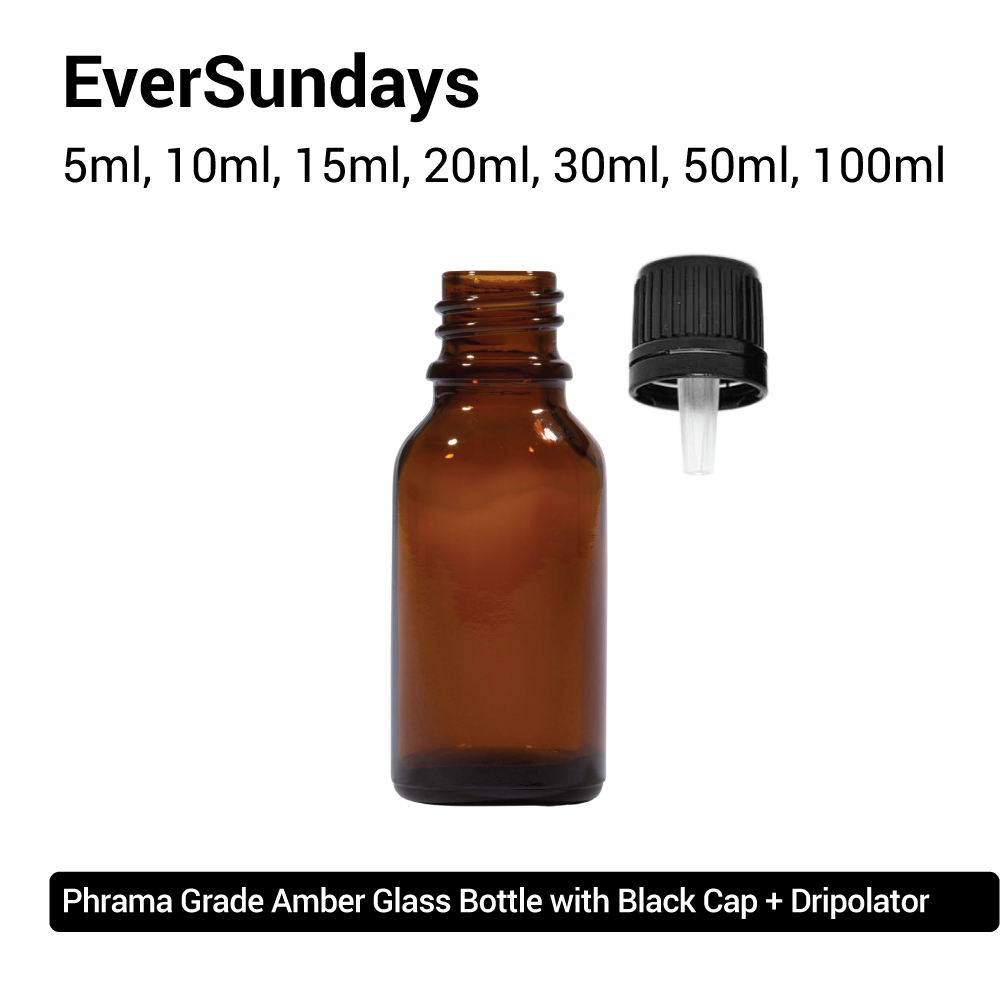 ( 5pcs/10pcs ) EverSundays AMBER Glass Bottles + Dripolator (Tamper Evident Cap) for Essential Oils - 5ml, 10ml, 15ml, 20ml, 30ml, 50ml, 100ml