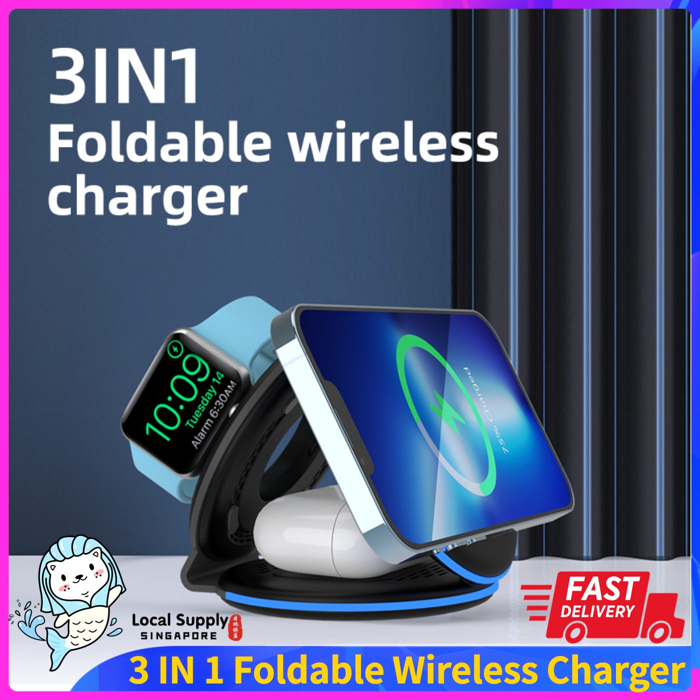 DESKTRON Magnetic 3 in 1 Wireless Phone Charger, 15W Qi Fast Charger, Magnetic Foldable Qi Fast Wireless Charging Station Compatible iPhone 14 Androids iWatch and AirPods.