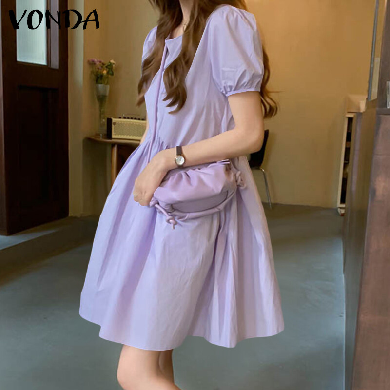 (Korean Causal) VONDA Womens Puff Sleeve Shirt Dress Holiday Casual Sundress Retro Solid Long Tops