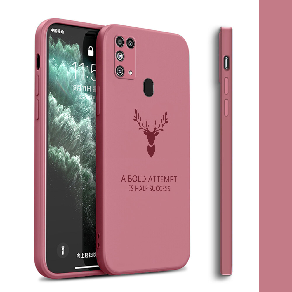 Hontinga Casing Case For Samsung Galaxy M31 Case Square Original Liquid Soft Silicone Deer Reindeer Full Cover Camera Protection Shockproof Cases Back Cover Phone Casing Softcase For Boys Girls Men Wo