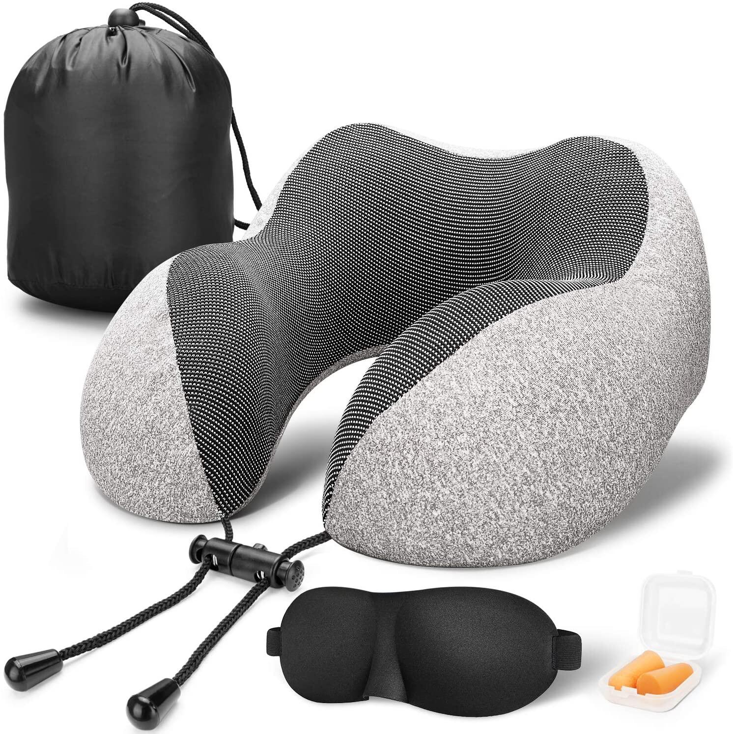 MLVOC travel pillow 100% pure memory foam neck pillow, comfortable breathable pillowcase, machine washable, airplane travel kit, eye mask with 3D contour, earplugs and luxury bag, standard (black)
