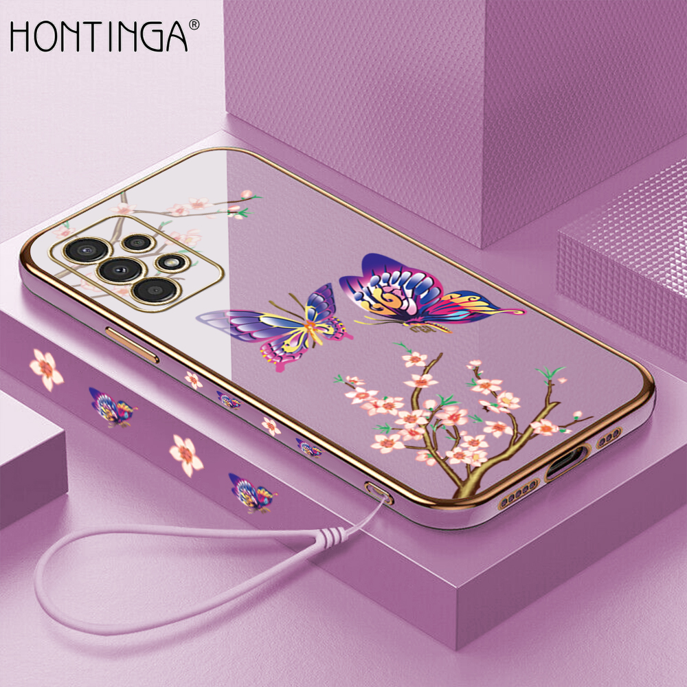 Hontinga Casing Case For Samsung Galaxy A13 Case Fashion Colorful Butterfly Luxury Chrome Plated Soft TPU Square Phone Case Full Cover Camera Protection Anti Gores Rubber Cases For Girls