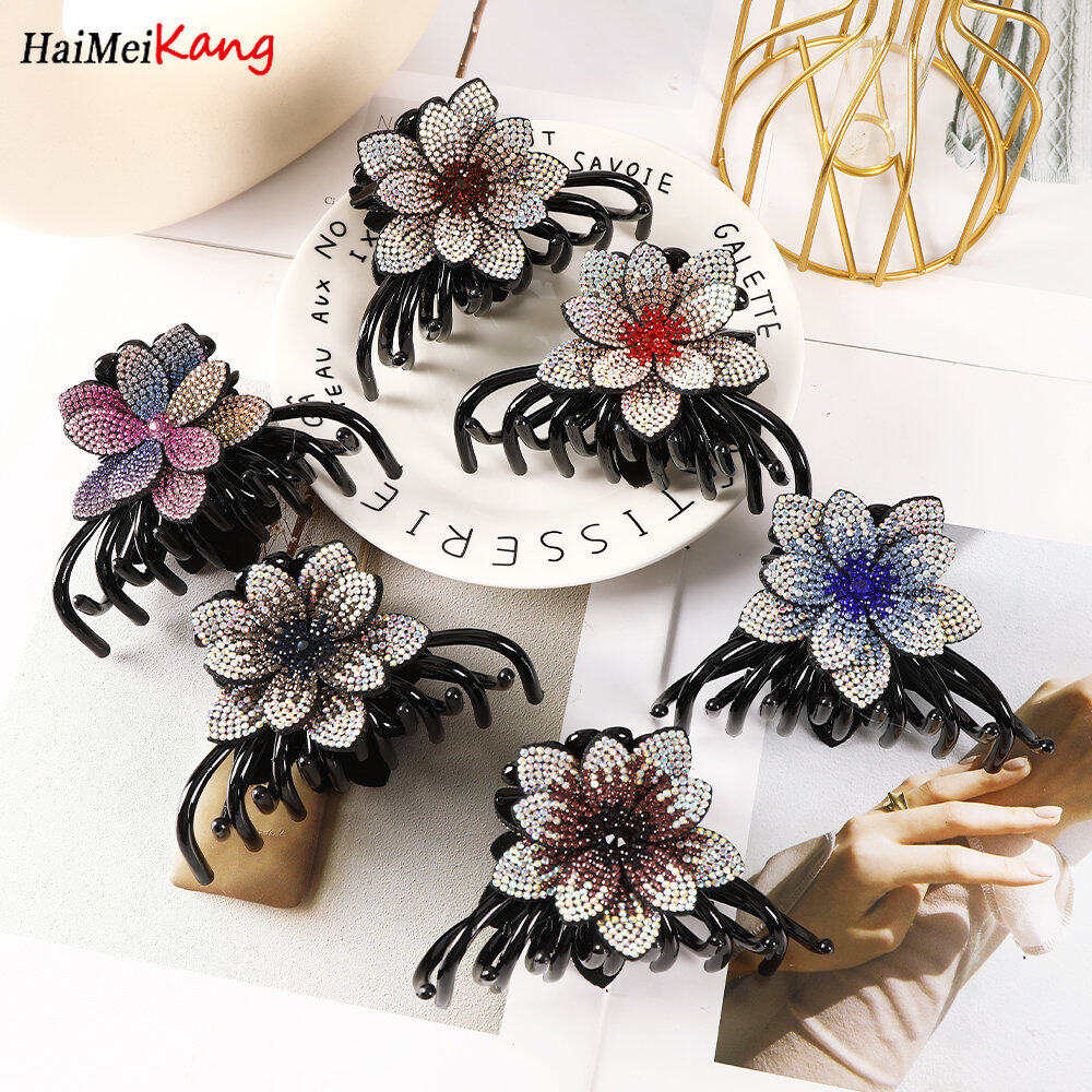 1pc Korea Rhinestone Crystal Flower Hair Clip Hair Claw Fashion Chrysanthemum Retro Hairpin Woman Hair Accessories