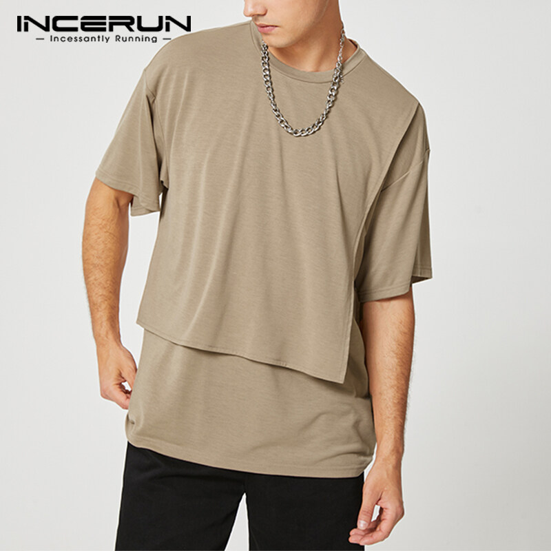 INCERUN Mens Short Sleeve Japanese Crew Neck T Shirts Casual Loose Solid Blouse Tee Tops (Korean Style)