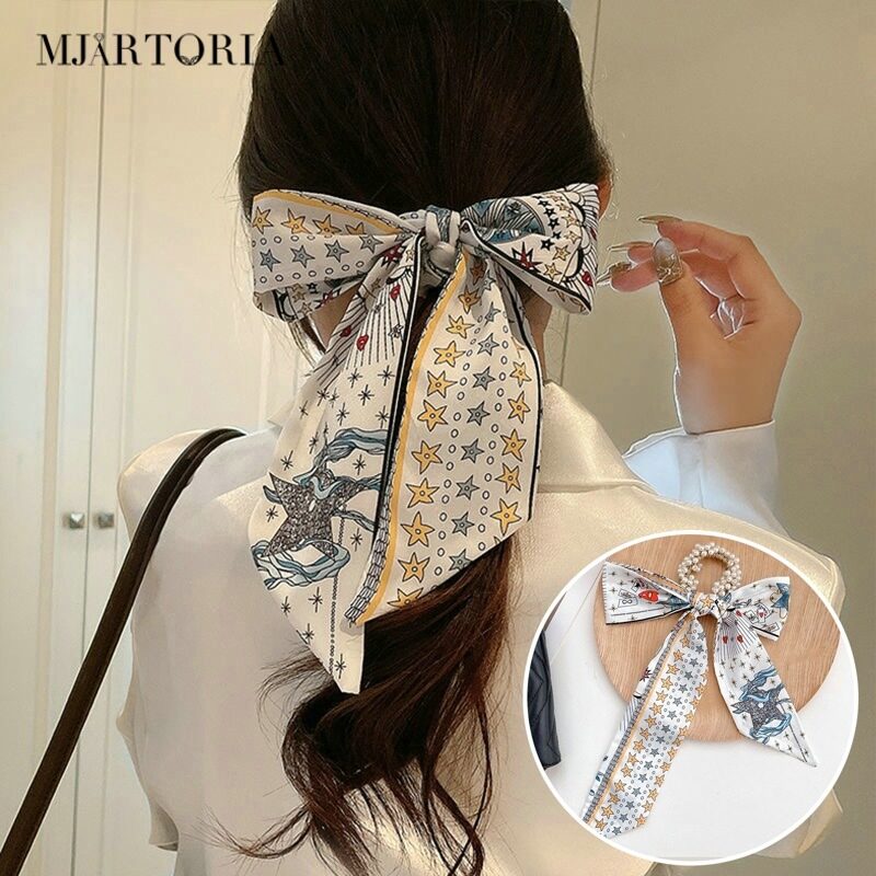 MJartoria Women Pearl Head Rope Hair Ties Long Large Hair Ribbon Scarves Bowknot Hair Scarves