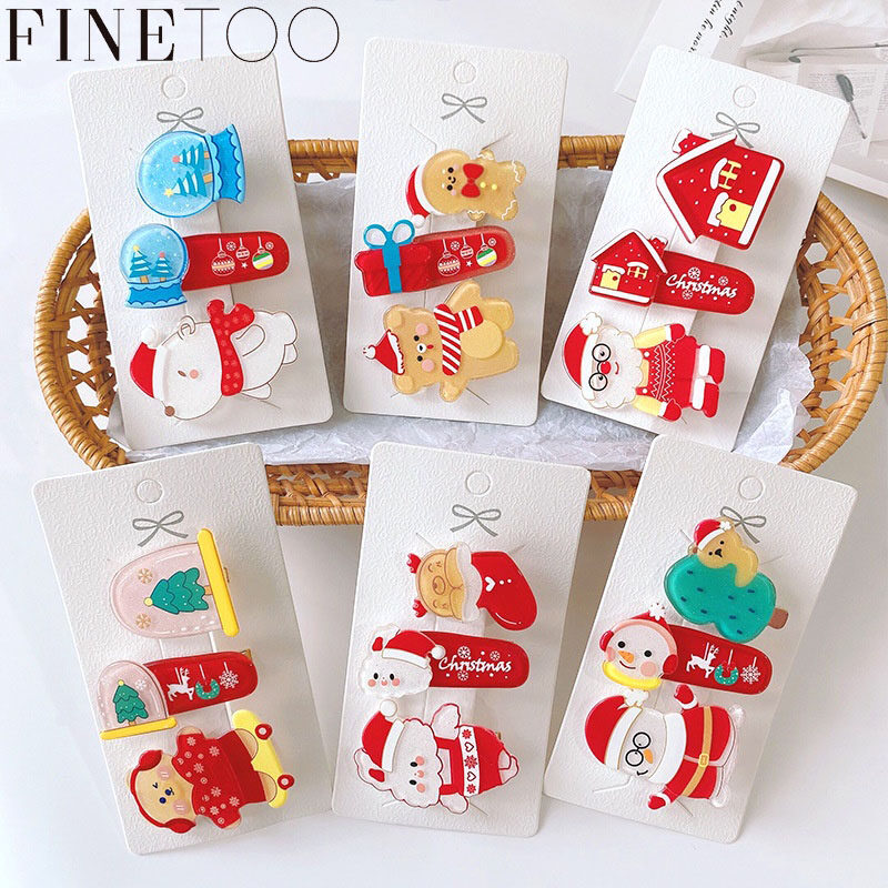FINE TOO 3pcs/set Cute Cartoon Christmas Hair Clip Set Baby Kids Santa Bear Hairpin Fashion Accessories