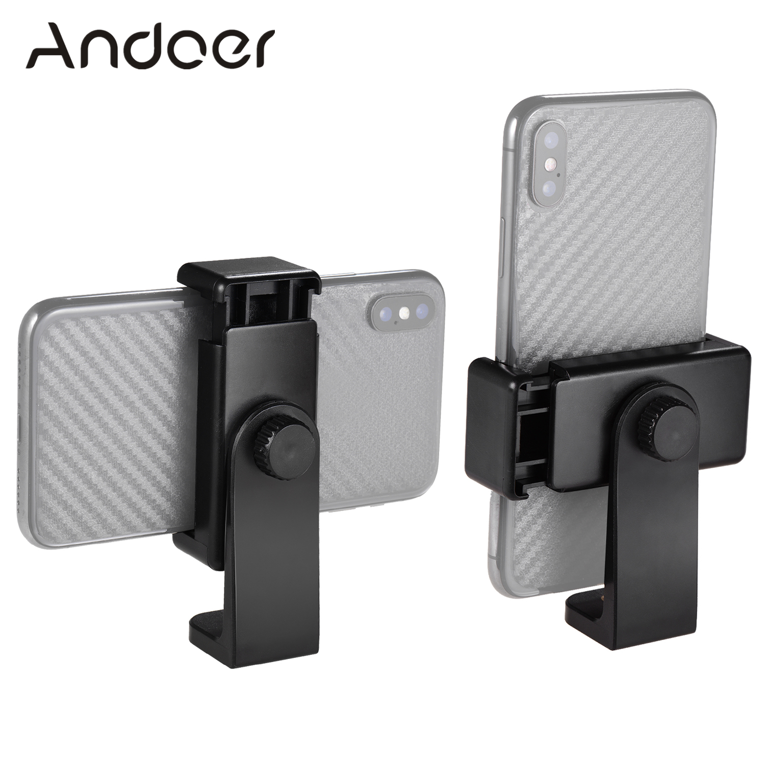Andoer Smartphone Clamp Holder Phone Mount Adapter Phone Clip for Tripod Selfie Stick with Detachable Clamp 360° Rotatable with Three 1/4 Thread Compatible with iPhone 11/iPhone 11 Pro Max/iPhone 11 X