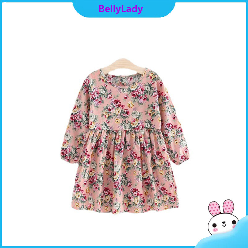 Baby Girls Cotton Long-sleeved Floral Dress Classic Round Neck Breathable Skin-friendly Sunflower Pattern Pleated A-line Skirt