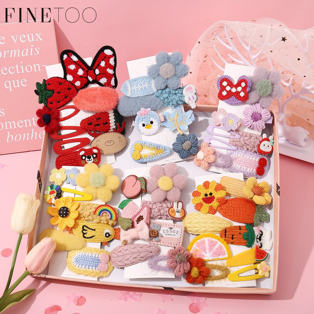 FINE TOO Cartoon Colorful Baby Kids Flower Hair Clip Set Bowknot Fruits Wool Hairpin Girls Plush Headdress Hair Accessories